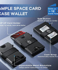 Pop Up Card Holder Wallet For Men Ultra Thin Metal Front Pocket Card Case With RFID Blocking Holds 12 Cards Minimalist Slim Wallet Eject Button For Fast Access Ideal Gift For Him shown with compartments for cards and cash installation
