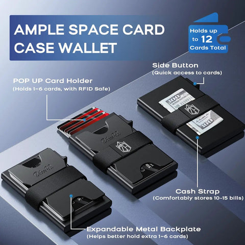 Pop Up Card Holder Wallet For Men Ultra Thin Metal Front Pocket Card Case With RFID Blocking Holds 12 Cards Minimalist Slim Wallet Eject Button For Fast Access Ideal Gift For Him shown with compartments for cards and cash installation