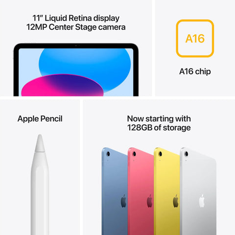 11 Inch iPad With A16 Chip, Liquid Retina Display, 128GB Storage, WiFi 6, 12MP Front And 12MP Back Cameras, Touch ID shown with colors and Apple Pencil