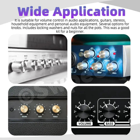 Sixteen Sets Of Eight Type B Potentiometers Featuring 1K 5K 10K 50K 100K 250K 500K And 1M Ohm displayed in various audio control applications