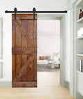 Classic Walnut Finished 30 Inch By 84 Inch Solid Wood Sliding Barn Door Slab installed, space saving farmhouse style for pantry.