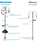 Comparison of two bird feeding stations: left features Five Prong Base with squirrel baffle and multiple feeders, right is simpler design.