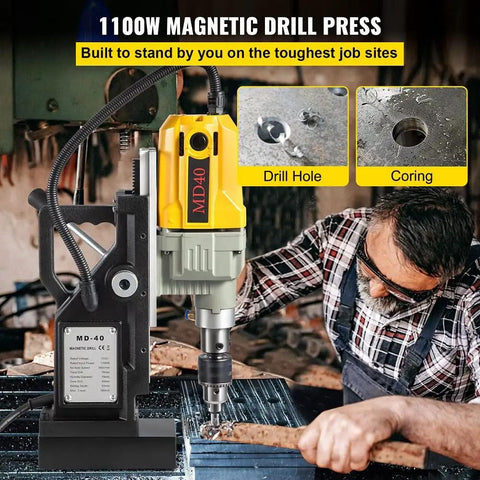 Heavy Duty Electric Magnetic Drill Press With Rock Solid Magnet Base Pro 1100 Watt Motor, drilling steel with precision.