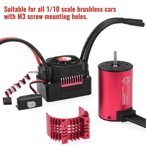 Surpass Hobby 3660 Brushless Motor With 60A ESC Combo shown with components for 1/10 RC cars and trucks, aluminum heatsink