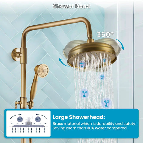 Brass Wall Mount Shower Faucet Set With 8 Inch Rain Shower Head Dual Cross Handles Handheld Spray Two Function Diverter Exposed System