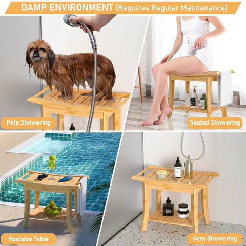 Bamboo Spa Shower Bench With Storage Shelf Non Slip Bath Stool for pets, seating, poolside use, gym showering, comfort sit.