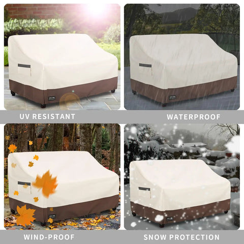 Outdoor Two Seater Loveseat Cover Waterproof Beefed Up Heavy Duty Patio Sofa Cover 58W x 33D x 32H Inches Beige And Brown Weatherproof Shield