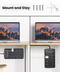 22 Outlet Power Strip Surge Protector with Flat Plug under desk, powering laptop, illustrating mounting and stay feature
