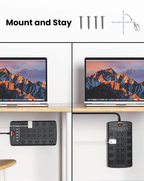22 Outlet Power Strip Surge Protector with Flat Plug under desk, powering laptop, illustrating mounting and stay feature