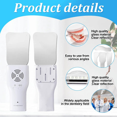 Pro Grade Dental Occlusal Photographic Mirror System With Four Rhodium Intraoral Reflective Mirrors, Anti Fog Fan, LED Lighting Handle, Plated Glass Reflectors, And Comprehensive Oral Inspection Kit shown front and back