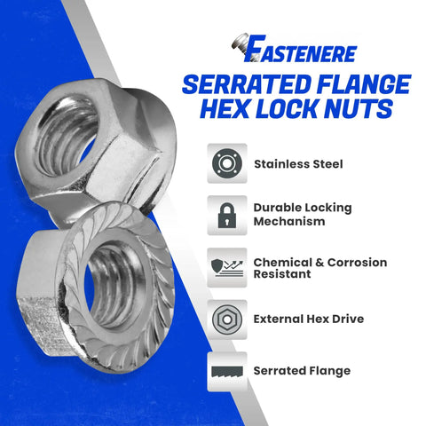 Rugged Serrated Flange Nuts 3/8-16 Inch, 25 Pack, Stainless Steel 18-8 Hex Lock Hardware image showing features and materials