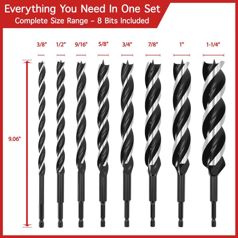 Auger Drill Bit Set For Wood Eight Piece Hex Shank With Wooden Storage Case Nine Inch Length Three Eighths To One And One Quarter Inches Heavy Duty Bits For Softwood And Hardwood Featuring Patented Three Cutter Head And Quad Point Tip For Clean Fast Holes.