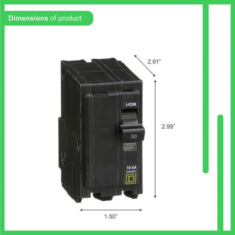 Qwik Open 30 Amp Mini Circuit Breaker, 2 Pole, 120/240V AC, 10kA Breaking Capacity, dimensions view, Model QO230CP