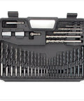 109 Piece Screwdriver And Drill Bit Set With Ratcheting Handle, Titanium Coated Steel Bits displayed in black carrying case