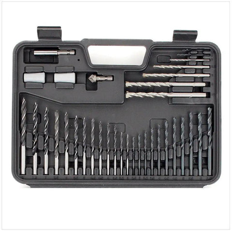 109 Piece Screwdriver And Drill Bit Set With Ratcheting Handle, Titanium Coated Steel Bits displayed in black carrying case