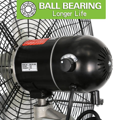 Close-up of motor on 30 Inch High Velocity Industrial Pedestal Fan With 8900 CFM Beast Mode Power, black finish with ball bearing