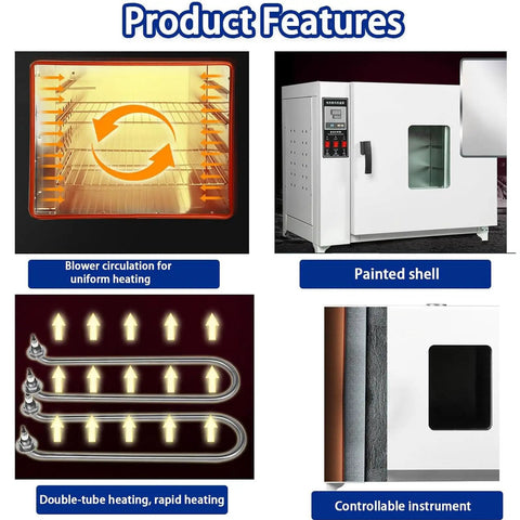 Kickstart Your Projects With This 16 Liter Lab Forced Air Convection Drying Oven Featuring Digital Thermostat And Rock Solid Temp Control Timer For Constant Temperature Blast Drying Curing 110V, showcasing blower circulation and heating features.