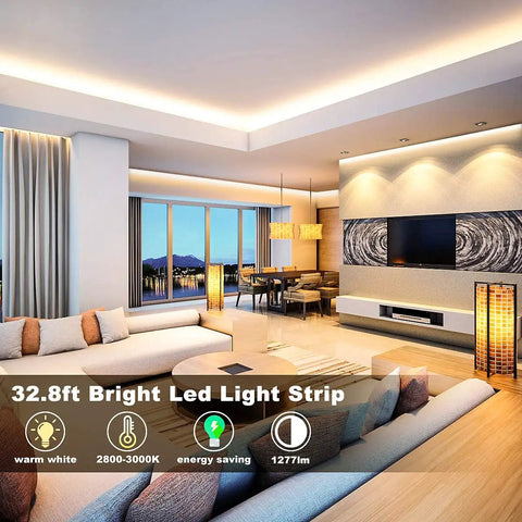 Cozy Warm White LED Strip Lights 32.8ft Dimmable Rope Light With RF Remote Control 600 Bright 2835 LEDs At 3000K in living room
