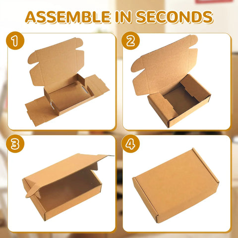 Bulk 300 Pack Small Shipping Boxes 6 X 4 X 1.5 Inches Corrugated Kraft Mailers assembled in four steps