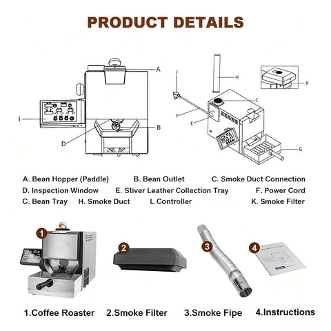 No Sweat Smart Coffee Bean Roaster With 200 Gram Capacity And Clean Digital Interface For Quick Auto Roasting Of Quality Beans and Toasted Nuts Straight On Your Counter With Reliable Smoke Guard Keeping Indoor Spaces Fresh diagram showing product details like bean hopper and smoke filter.