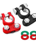 Heavy Duty Aluminum Battery Terminal Connectors Two Piece Set With Anti Corrosion Washers and color coded clamps for easy installation.