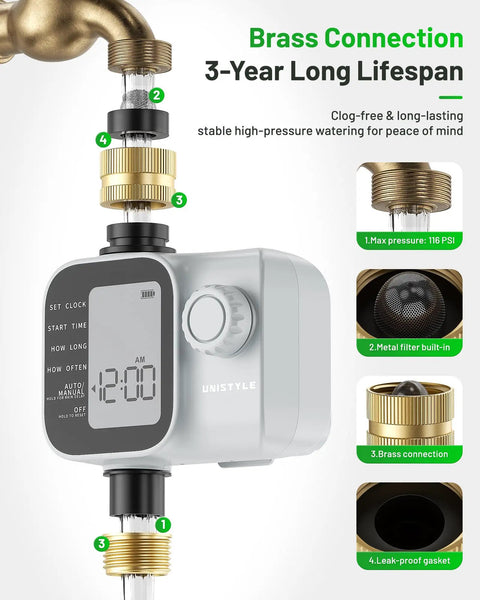 Close-up of 2026 Upgrade Sprinkler Timer With Brass Inlets And Outlets For Garden Hose Programmable Water Timer detail view.