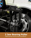 Two Jaw Bearing Puller For Auto Repair in use removing bearing from vehicle, adjustable design, beefy steel construction visible