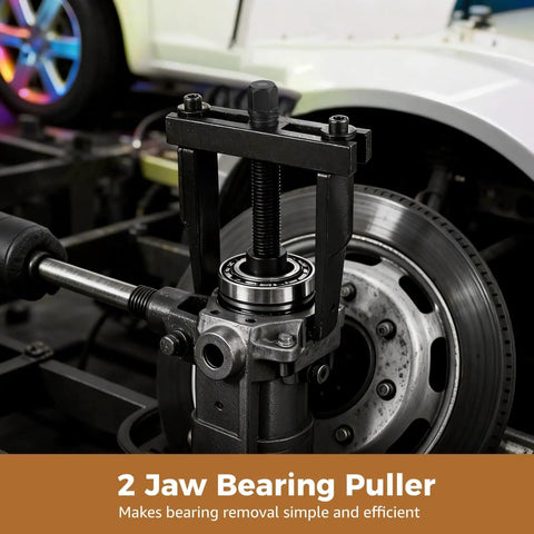 Two Jaw Bearing Puller For Auto Repair in use removing bearing from vehicle, adjustable design, beefy steel construction visible