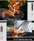 15 Piece Heavy Duty Stainless Steel Grill Tool Set With Long Sixteen And A Half Inch Spatula, Fork, Tongs, and more in use