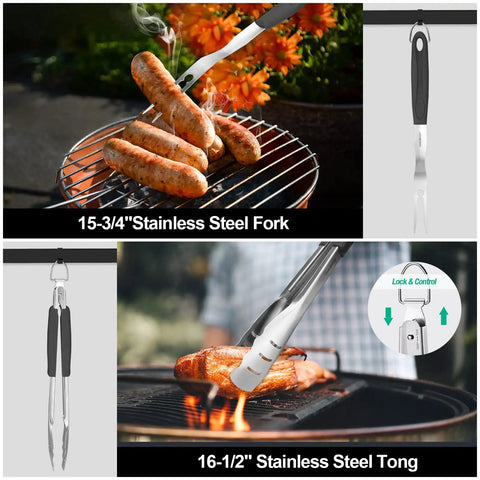 15 Piece Heavy Duty Stainless Steel Grill Tool Set With Long Sixteen And A Half Inch Spatula, Fork, Tongs, and more in use