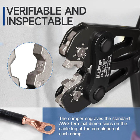 Close-up of All In One Battery Cable Lug Crimping Tool Kit for 8 to One Zero AWG with lug and crimping details visible.