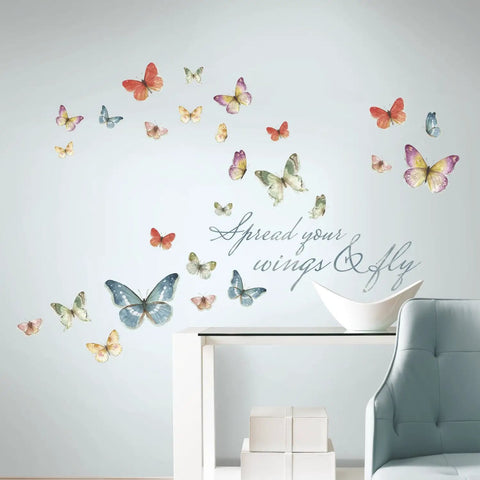 Lisa Audit Butterfly Quote Peel And Stick Wall Decals Set Multicolor 28 Piece Collection For Smooth Surfaces on wall near chair