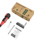 Cordless Power Screwdriver Kit with USB cable, LED lights, and instructional manual, showcasing accessories for DIY projects.