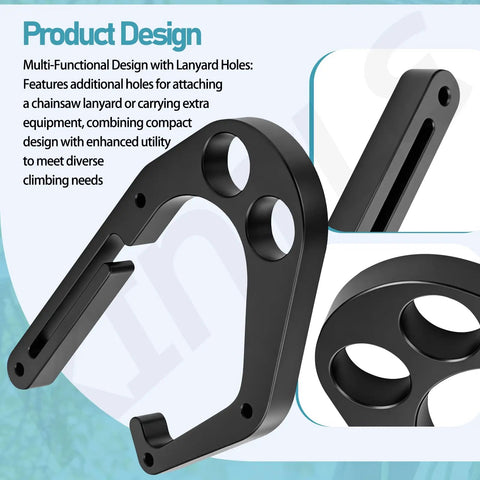 Aluminum Tree Climbing Hook with one-hand operation, open design, shown with lanyard holes for secure hold, compatible with Shembiner XL.