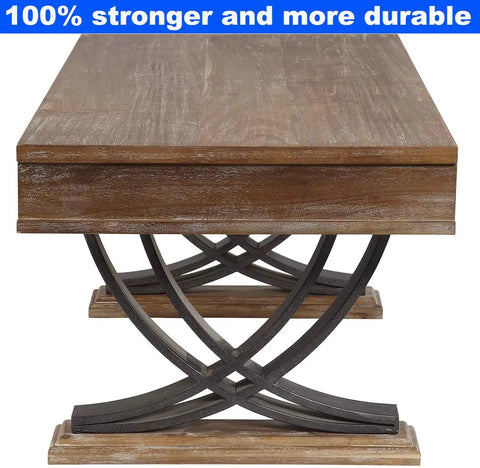 Built Tough Industrial Rustic Coffee Table Crafted From Thick Solid Acacia Wood With Two Deep Storage Drawers And Heavy Duty X Shaped Steel Base For Modern Living Room Decor, side view showing details of the top and base.