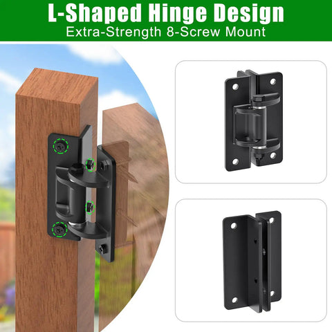 Heavy Duty Six Point Five Inch Bolt On Gate Hinges With Bearings, 1000 Lb Capacity Anti Sag L Shaped Gate Hardware, Built Tough Powder Coated Black Carbon Steel Garden Fence Barn Farm Gate, Four Pack on wooden gate posts