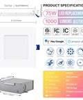 6 Inch LED Smart Recessed Pot Light Square Quad Pack With WiFi App And Voice Control, 120V 13W 1000LM RGB specs chart