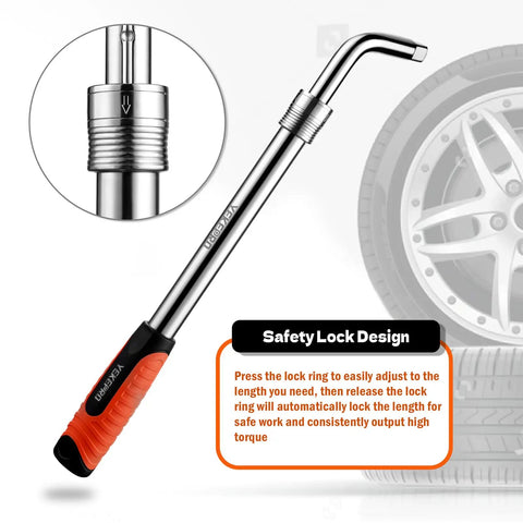 Extendable Lug Wrench With Flip Sockets 4 Piece Telescoping Tire Tool Kit adjustable from 15.2 to 20.7 inches shown with tire