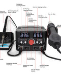 Close-up of 2 In 1 Digital Soldering Station Kit with Hot Air Rework, 820W Power, Dual LED Temperature Displays, labeled parts.