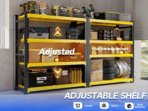 Heavy Duty Metal Garage Shelving Unit, A Dang Solid Shop Storage Rack That Tackles Every Heavy Tool Without Cracking A Sweat, Industrial Load Bearing Organizer, Black Yellow, 47 By 79 By 24 Inches with adjustable shelves holding tools.