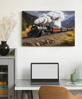 Steam Locomotive Train Canvas Wall Art for Living Room and Bedroom Decor, vintage landscape train above a modern desk setup