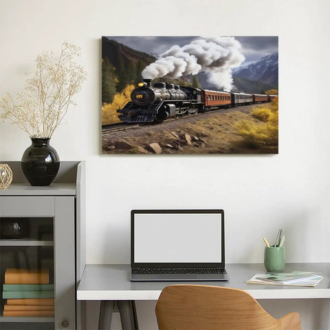 Steam Locomotive Train Canvas Wall Art for Living Room and Bedroom Decor, vintage landscape train above a modern desk setup