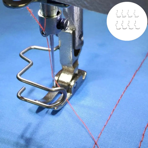 Close-up of an industrial sewing machine with 8 Pcs Industrial Sewing Machine Safety Needle Finger Guards That Protect Your Hands While You Sew Easy Install Shields For Heavy Duty Stitching Reducing Needle Injuries And Frustration On Every Project installed, showing the needle and red thread on blue fabric.