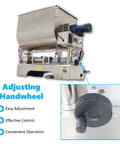 Built Like A Tank Horizontal Pneumatic Filling Machine With 80 Liter Heating Mixing Hopper And Stainless Steel Liquid Paste Filler Featuring 50 To 500 Milliliter Single Nozzle For 110V Production Lines side view showing adjusting handwheel and control panel.