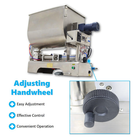 Built Like A Tank Horizontal Pneumatic Filling Machine With 80 Liter Heating Mixing Hopper And Stainless Steel Liquid Paste Filler Featuring 50 To 500 Milliliter Single Nozzle For 110V Production Lines side view showing adjusting handwheel and control panel.
