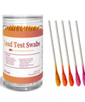 Front view: Lead test swabs kit in clear jar, 60-count, color-tipped wooden swabs for lead paint testing