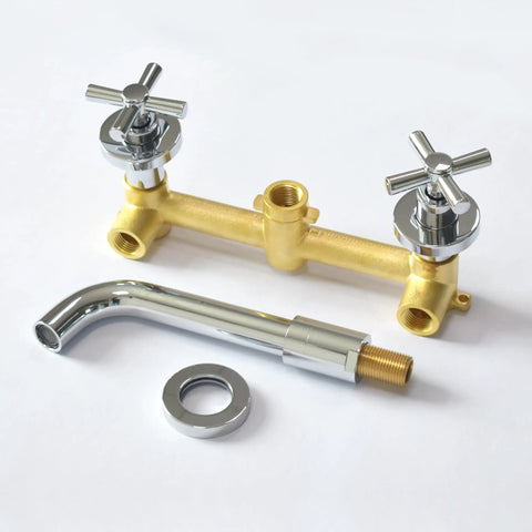 Wall Mount Bathroom Faucet With Cross Handles In Modern Chrome Finish Slick Upgrade Rough In Valve Included Durable And Corrosion Resistant Easy Install For Any Bathroom ICC ES PMG Certified ASME A112 18 1 CSA B125 1 Compliant shown disassembled with chrome and brass components.