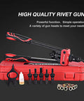 14 Inch Rivet Nut Tool Set With Quick Change Head Six Interchangeable Mandrels Includes 90 Rivnuts And 2 Mandrel Lock Pins Hand Rivet Nut Setter Kit shown with components and red case.