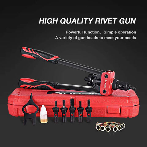 14 Inch Rivet Nut Tool Set With Quick Change Head Six Interchangeable Mandrels Includes 90 Rivnuts And 2 Mandrel Lock Pins Hand Rivet Nut Setter Kit shown with components and red case.