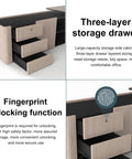 Top Tier Executive Office Desk With Sturdy Chair And Roll Away Lateral File Cabinet Silver Sandalwood Finish three-layer storage drawer detail.
